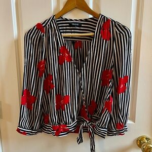 Madewell Black and White Striped Crossover Top with Red Flowers